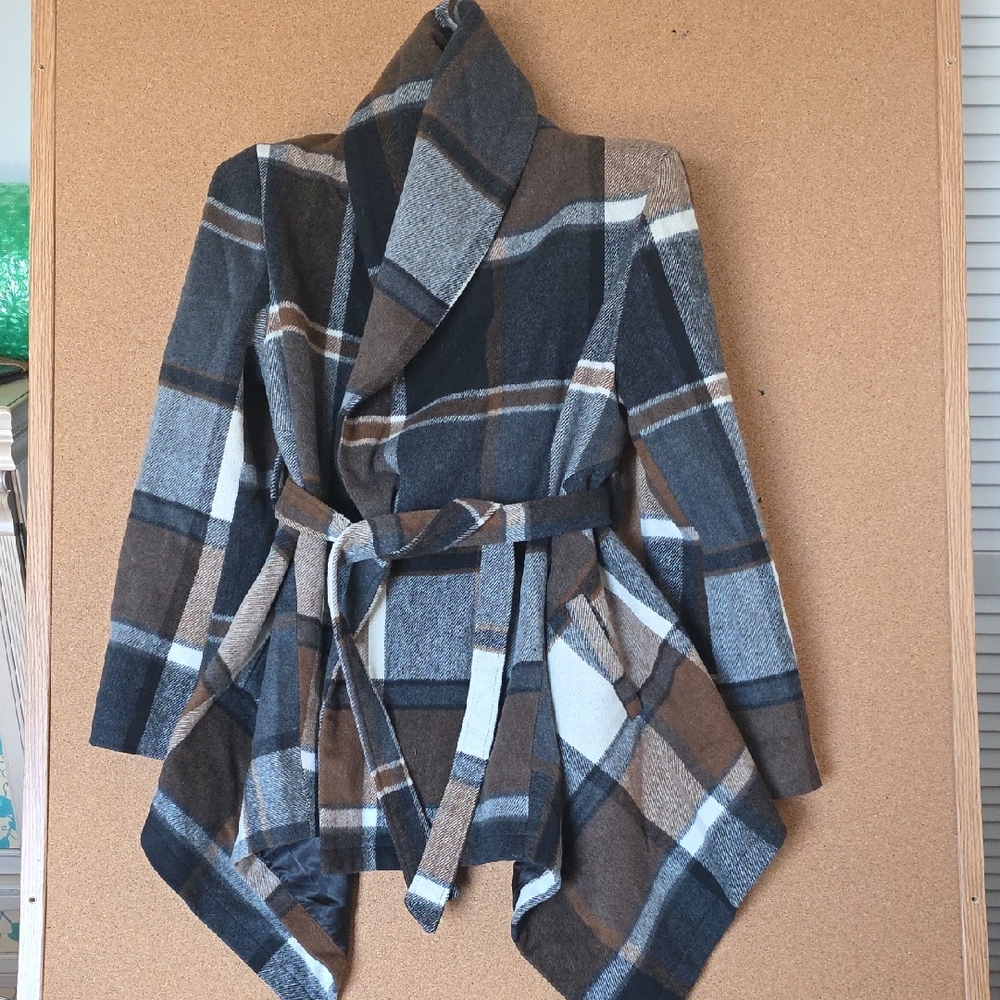 Chicwish Wool Blend Belted  Plaid Wrap Coat - Black, Brown, Gray Size M